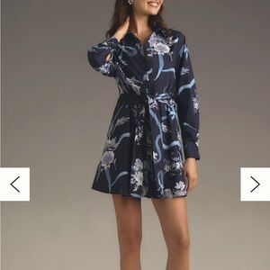 Anthropologie Hutch Long-Sleeve Tie-Waist Shirt Dress Blue MP Button Mini  AA15
